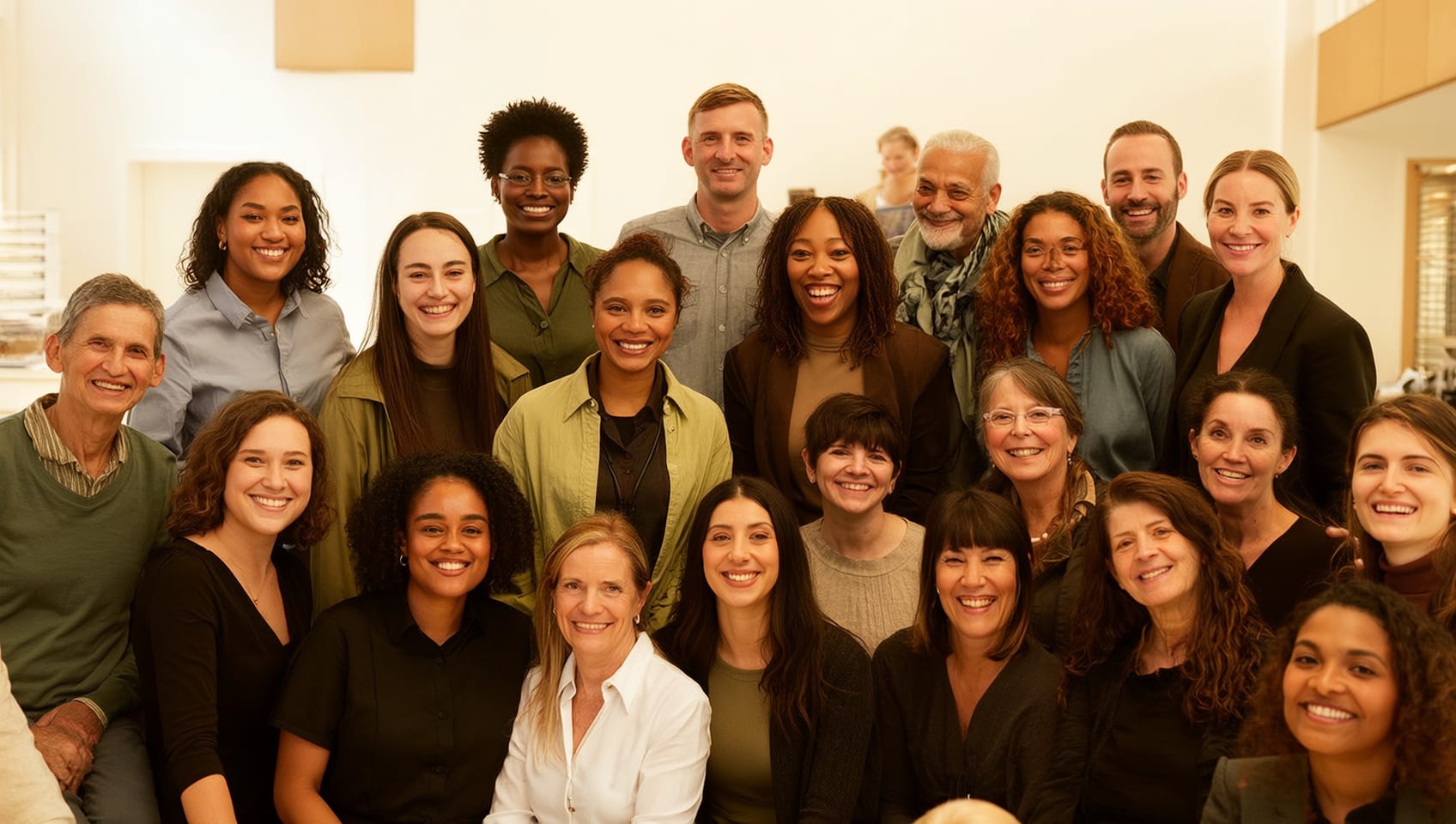A diverse team of Foundation staff and volunteers smiling together in an office setting