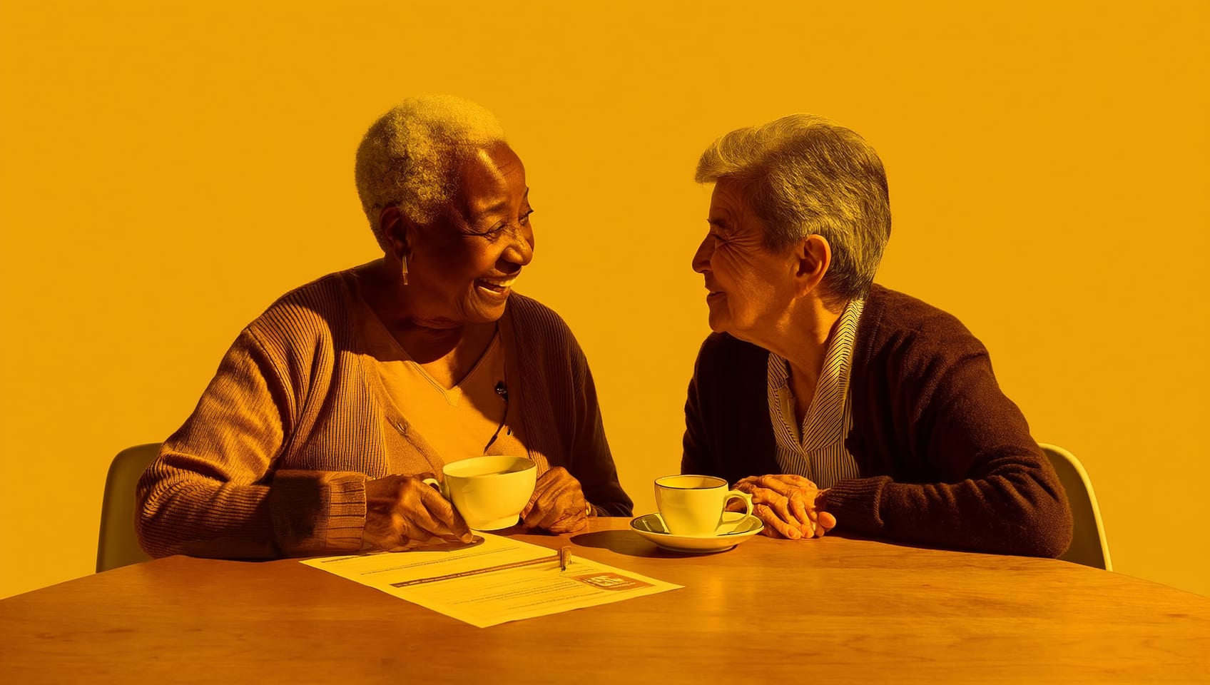 Two seniors sharing tea and conversation around a kitchen table at home