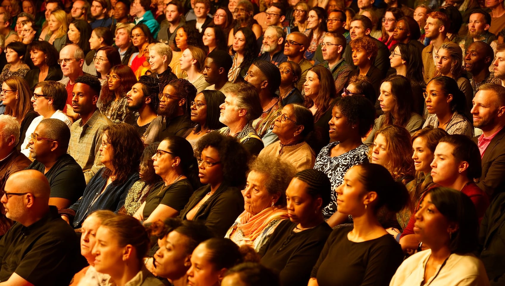A diverse audience of adults of all ages seated together, listening attentively at a real estate literacy seminar