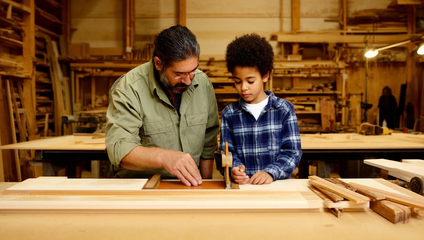 An experienced tradesperson mentoring a younger apprentice over a workbench in a carpentry shop