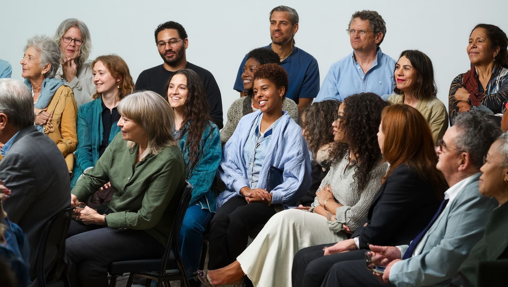 A diverse audience of adults of all ages seated together, listening attentively at a community seminar