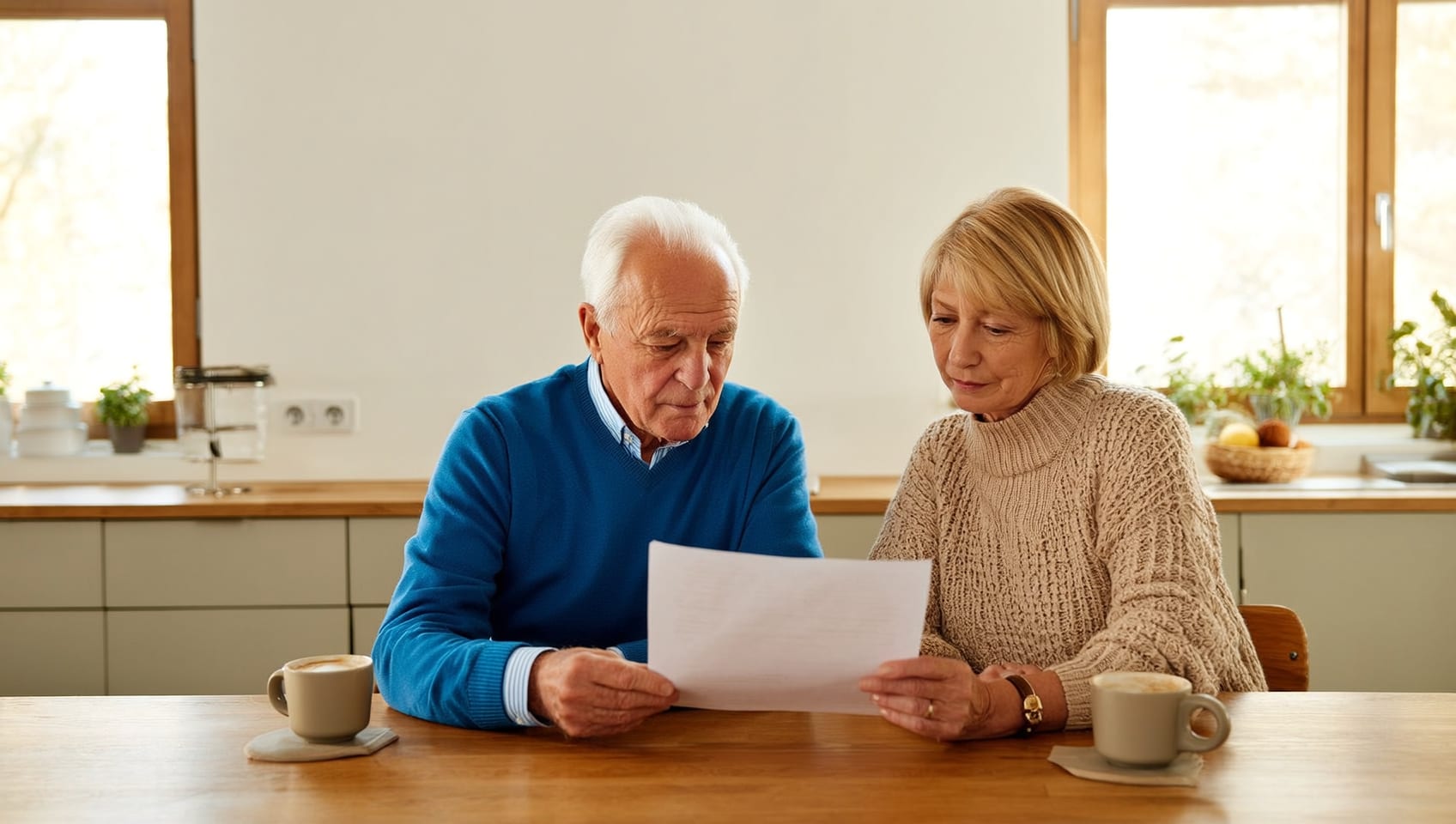 An advisor carefully reviewing paperwork with a senior man at his kitchen table before he signs anything