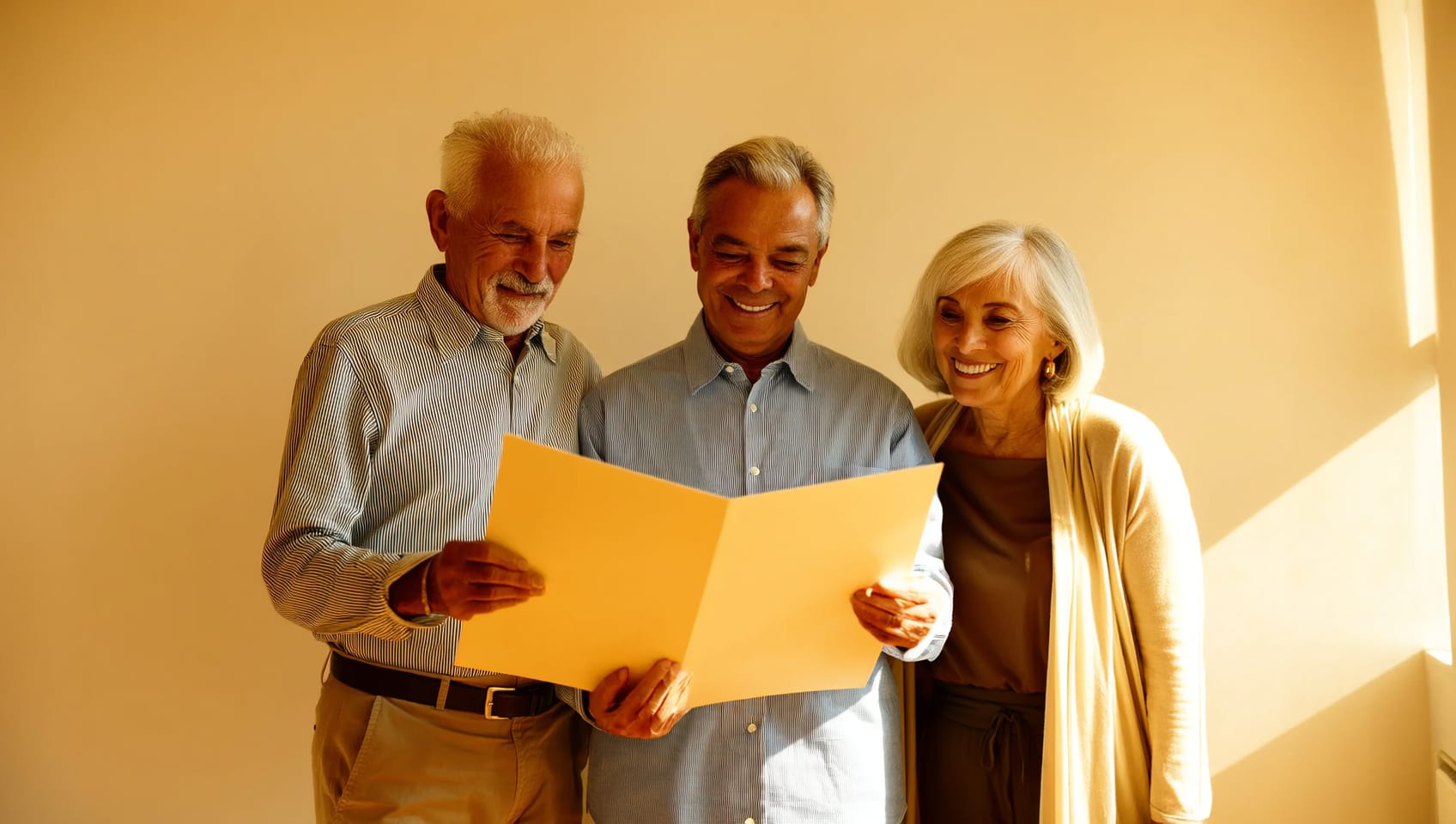 A senior couple reviewing housing documents with an advisor in a bright, sunlit room