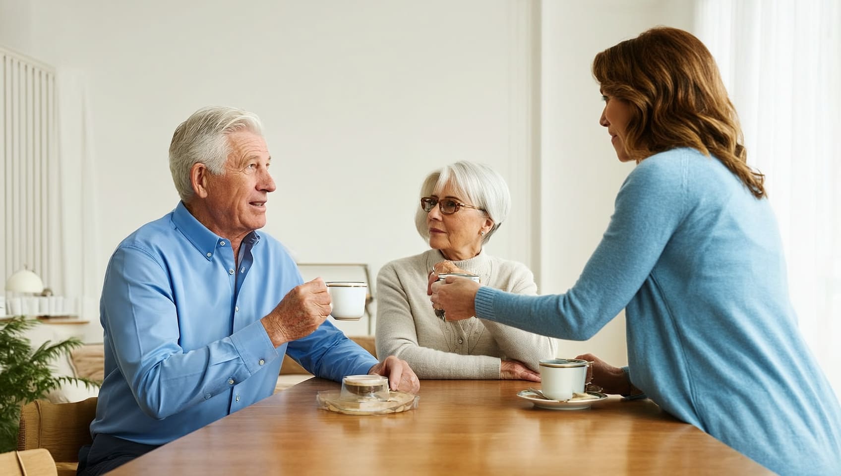 Two seniors sharing tea and conversation at a warm sunlit table