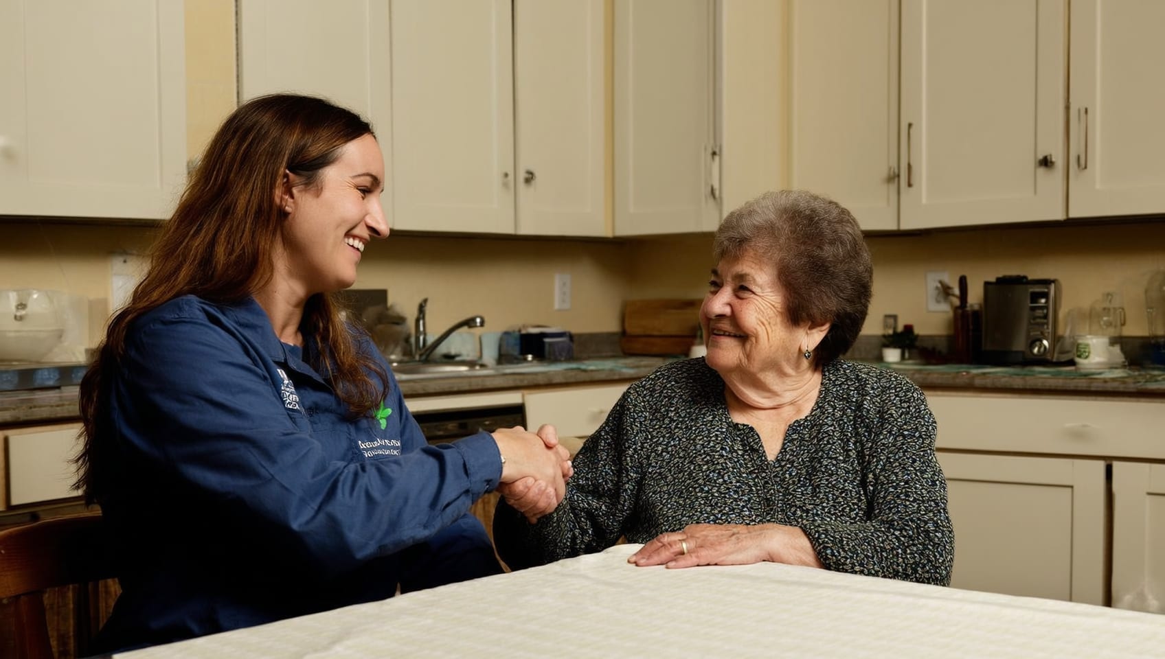 A Foundation staff member and a senior woman shaking hands warmly across a kitchen table