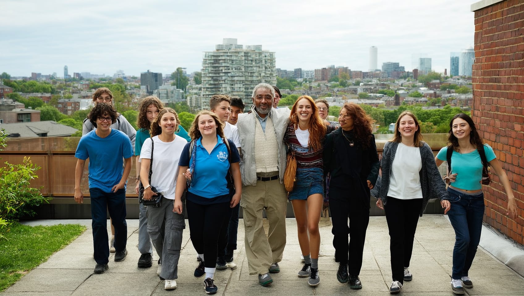 A diverse small group of students and an older mentor looking out over a bright Vancouver residential neighborhood from a rooftop terrace