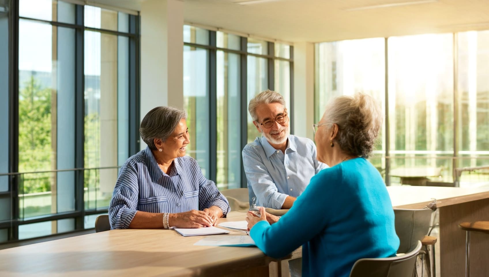 A senior couple smiling as they review housing documents with an advisor at a bright table